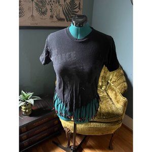 Vintage-Inspired The Police Cropped Black Tee with Beaded Strings at Bottom